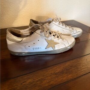 Women's Super-Star with gold sparkle foxing and metal stud lettering